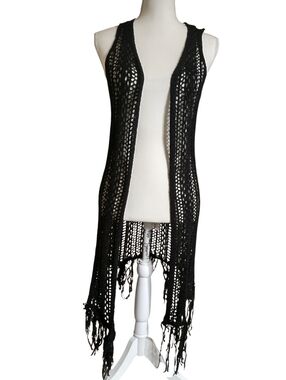 Black Crochet Fringe Open Vest
